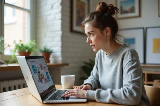 Femme apprenant la conception graphique sur Canva lors d'une formation gratuite en ligne depuis son bureau à domicile