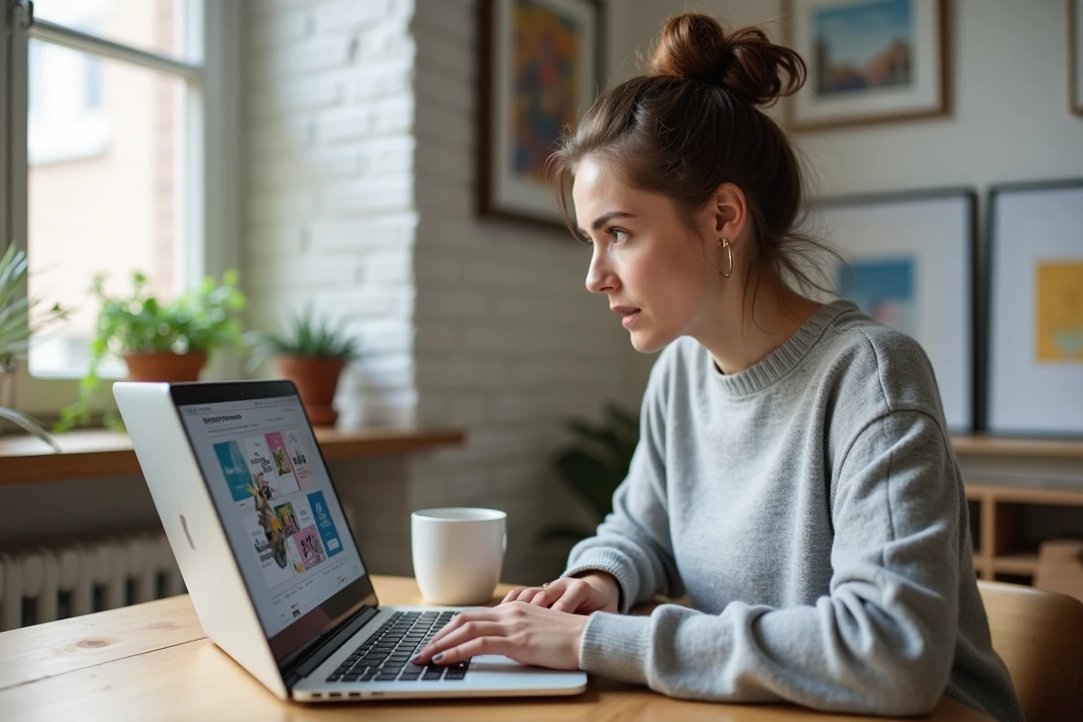 Femme apprenant la conception graphique sur Canva lors d'une formation gratuite en ligne depuis son bureau à domicile