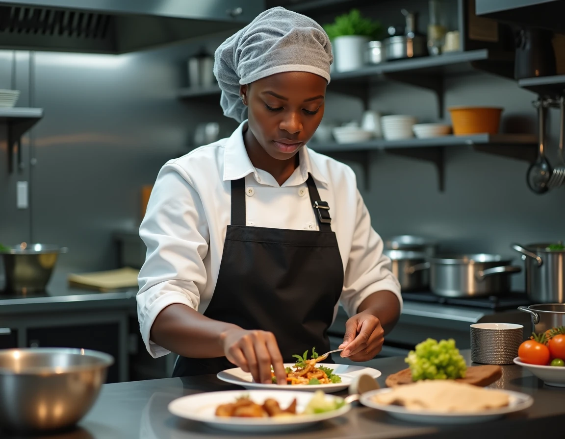 Femme sans papiers en formation de cuisine professionnelle dans une cuisine de restaurant