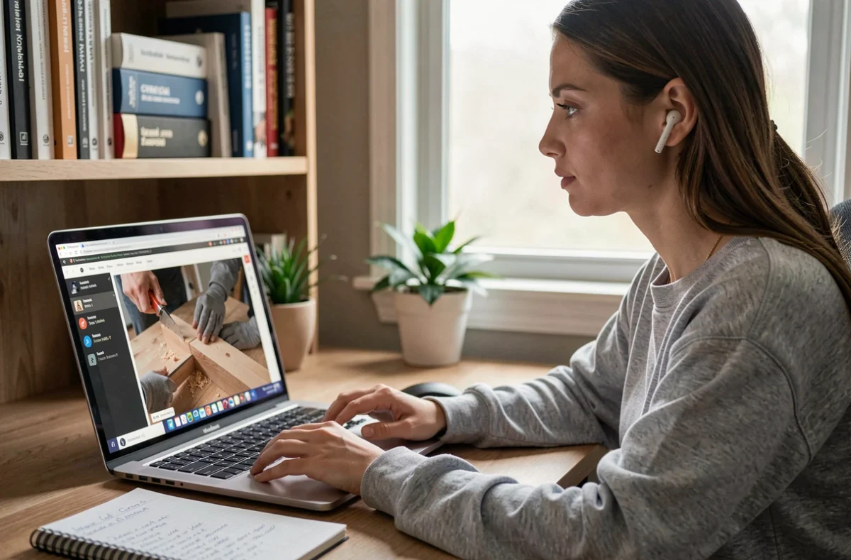 Femme suivant une formation menuiserie à distance sur ordinateur portable depuis son bureau à domicile