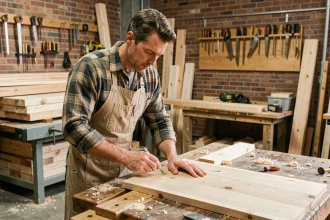 Menuisier en présentiel mesurant un panneau en bois dans un atelier de formation professionnel