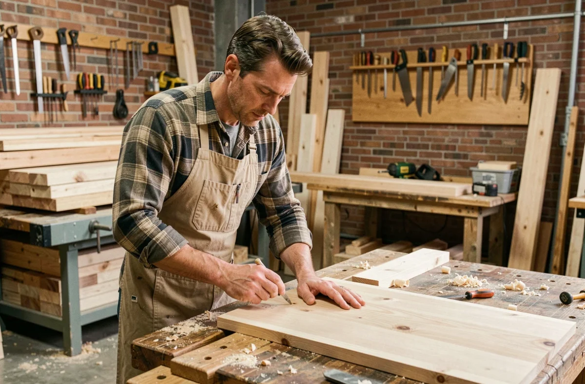 Menuisier en présentiel mesurant un panneau en bois dans un atelier de formation professionnel