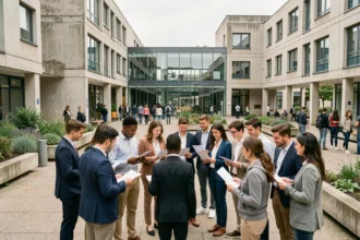 Étudiants en alternance sur un campus universitaire de Seine-Saint-Denis, discutant dans une cour moderne