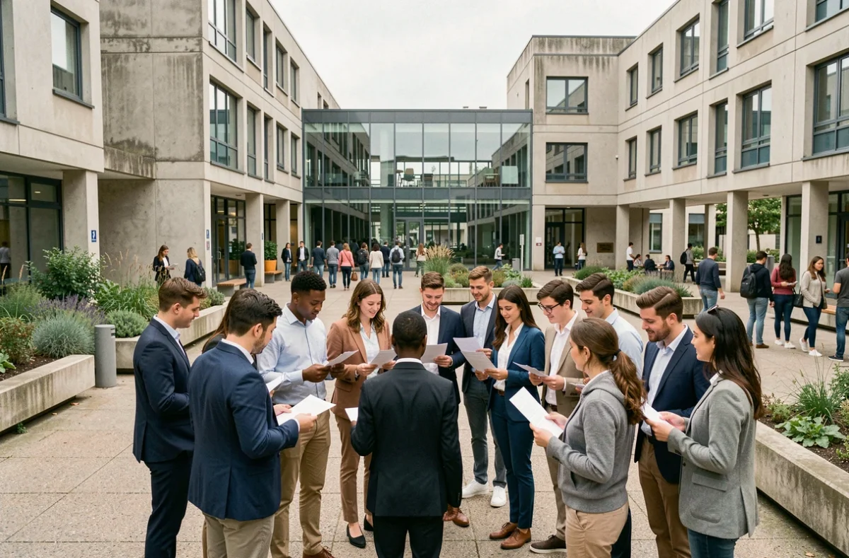 Étudiants en alternance sur un campus universitaire de Seine-Saint-Denis, discutant dans une cour moderne