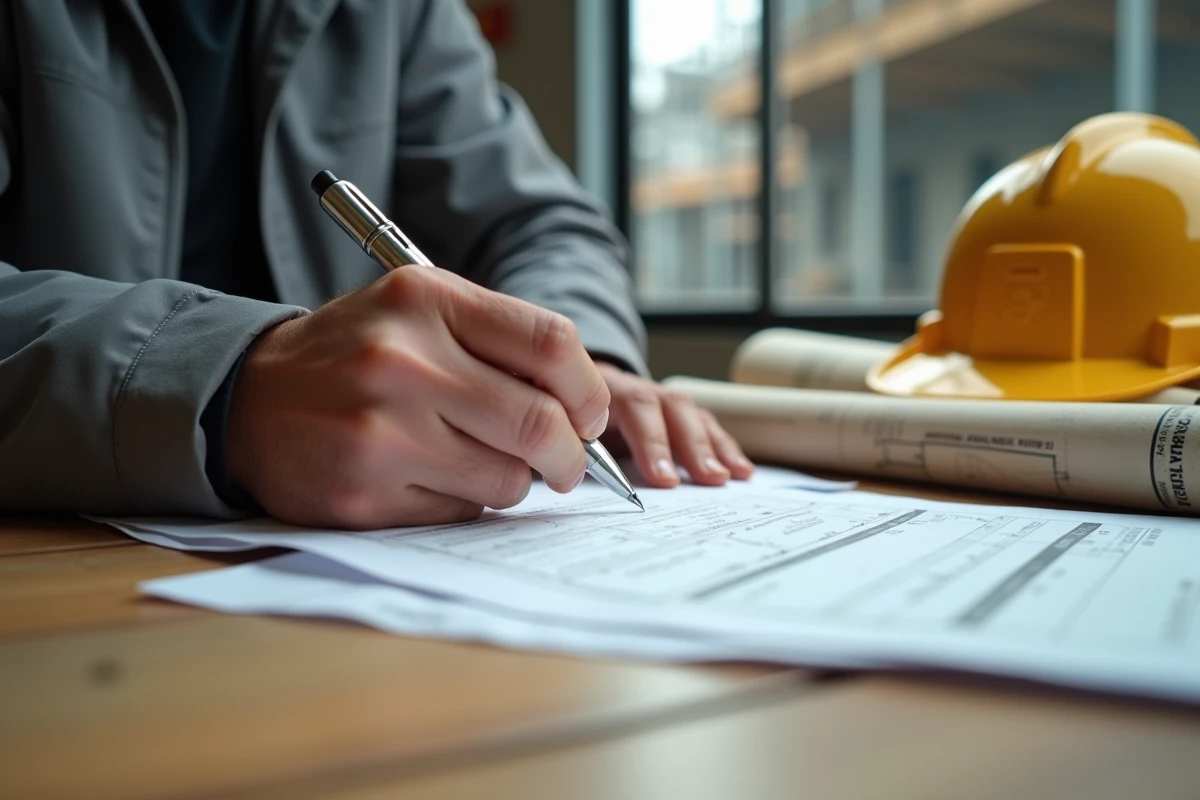 Mains d'un professionnel du BTP remplissant un formulaire de certification sur un chantier de construction