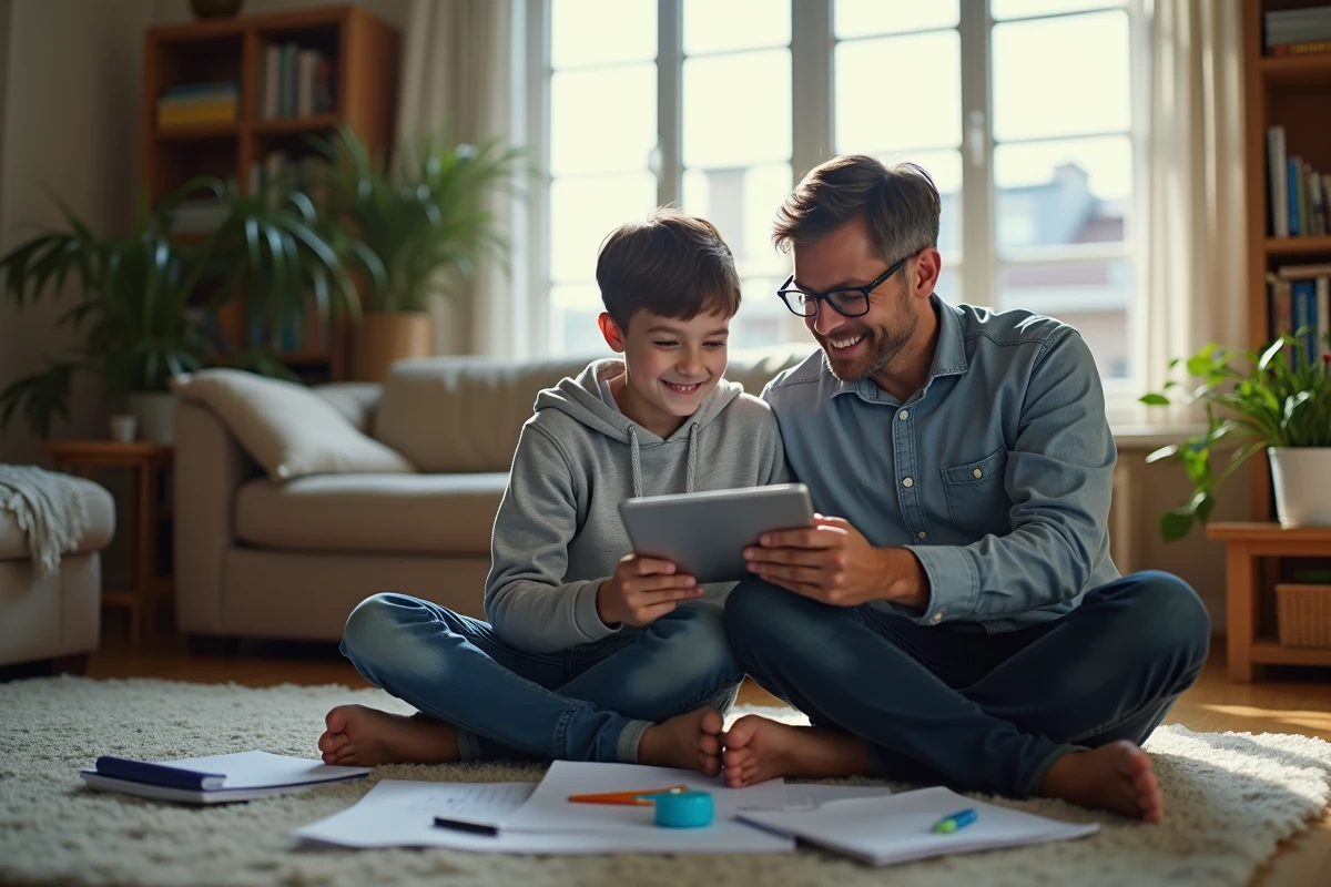 Garçon et père utilisant une tablette pour calculs scolaires