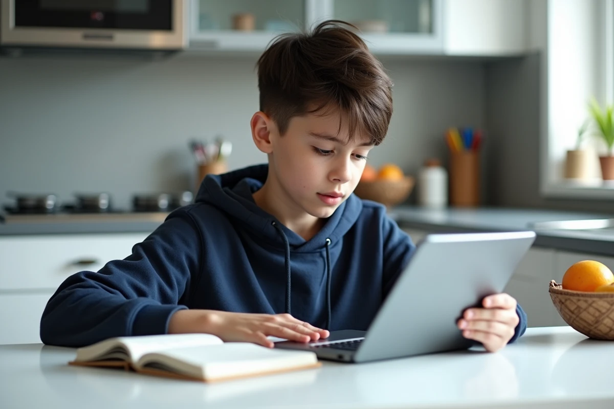 Garçon de 13 ans vérifiant ses devoirs sur une tablette à la cuisine