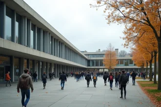 Vue extérieure panoramique d'un grand lycée français avec une cour animée remplie d'élèves en automne