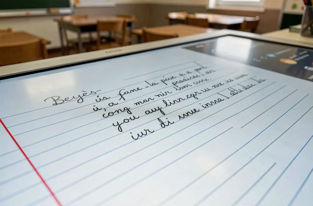 Gros plan sur un tableau numérique affichant un document PDF avec des lignes seyes et de l'écriture cursive en classe