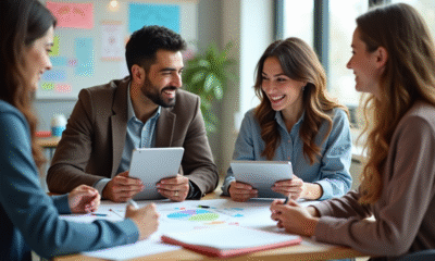 Groupe d'adultes divers en classe moderne avec table et tablettes