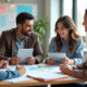 Groupe d'adultes divers en classe moderne avec table et tablettes