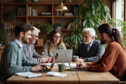 Groupe divers d'adultes autour d'une table en partage d'idées