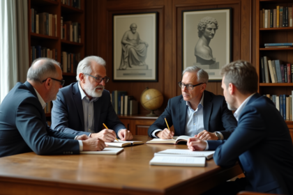 Quatre adultes discutent autour d une table dans un cadre studieux