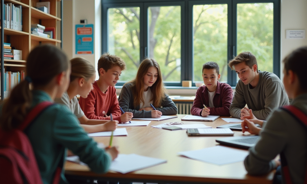 Groupe d'élèves de collège en travail collaboratif en classe