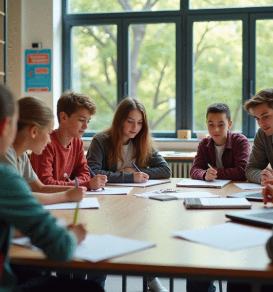 Groupe d'élèves de collège en travail collaboratif en classe