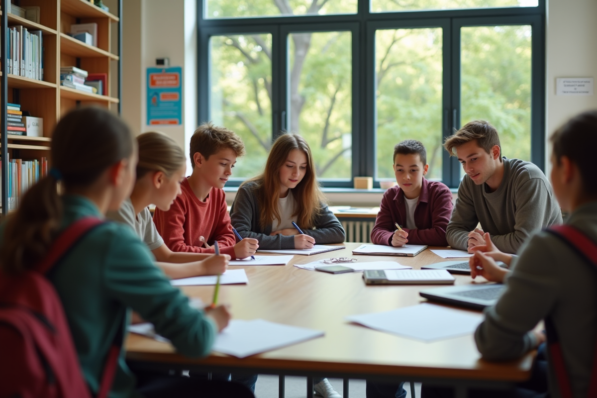 Groupe d'élèves de collège en travail collaboratif en classe