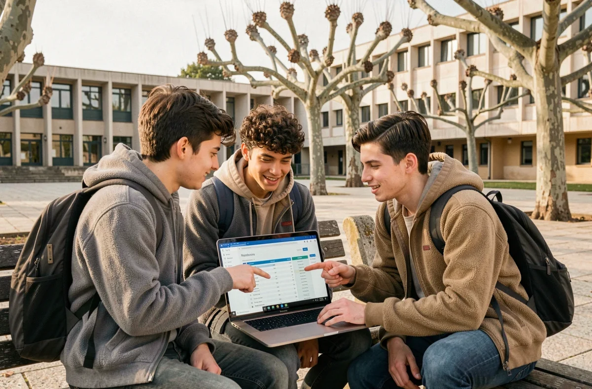 Groupe d'élèves-ingénieurs de Centrale Marseille consultant leur ENT ensemble en extérieur sur le campus