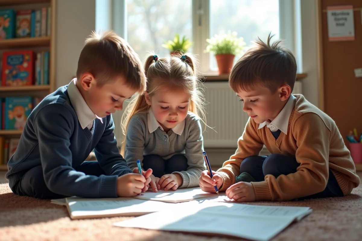 Groupe de trois enfants travaillant ensemble en classe