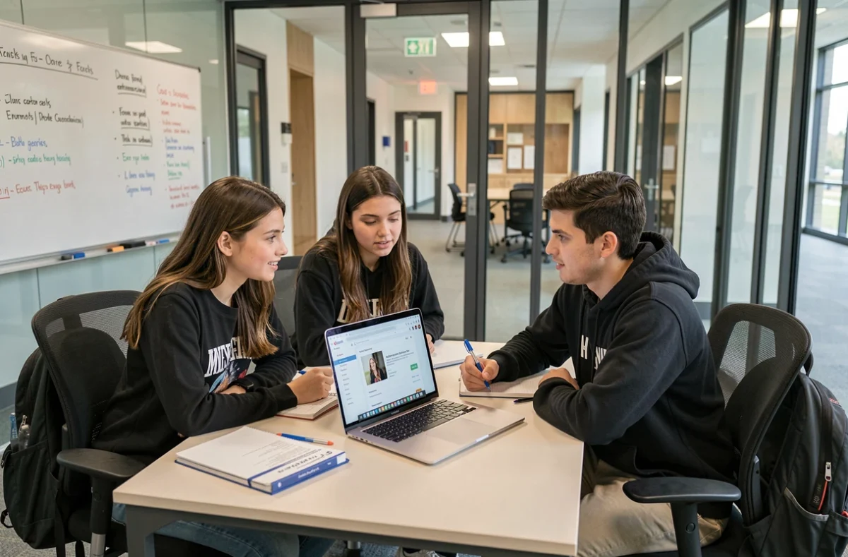 Groupe d'étudiants consultant ensemble la plateforme Alcuin ESME dans une salle de travail collaboratif