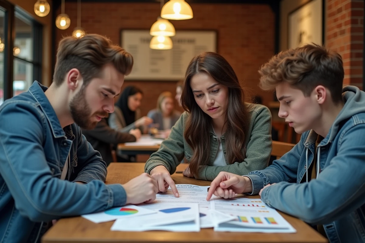 Groupe d'étudiants analysant les coûts réels et frais cachés de Gaming Campus dans un café