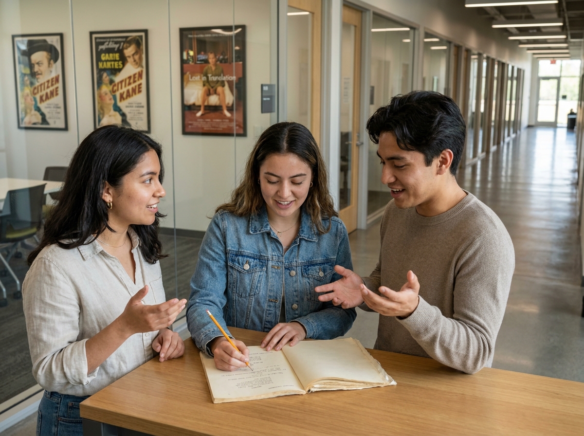 Groupe d'étudiants en école de cinéma analysant un scénario après le bac dans un couloir universitaire