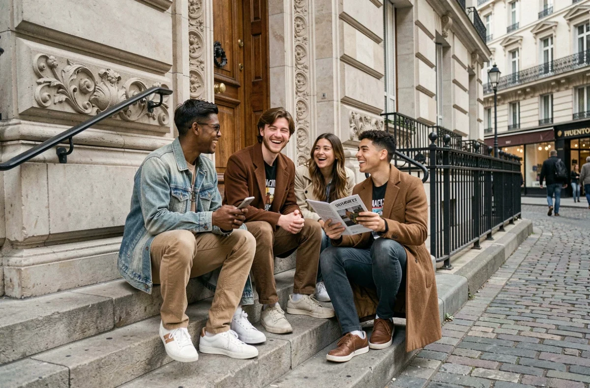Groupe de jeunes étudiants devant l'entrée d'une école d'art à Paris discutant de leur admission après le bac