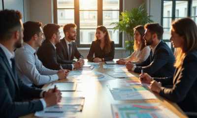 Groupe de jeunes professionnels autour d'une table avec diagrammes de carrière