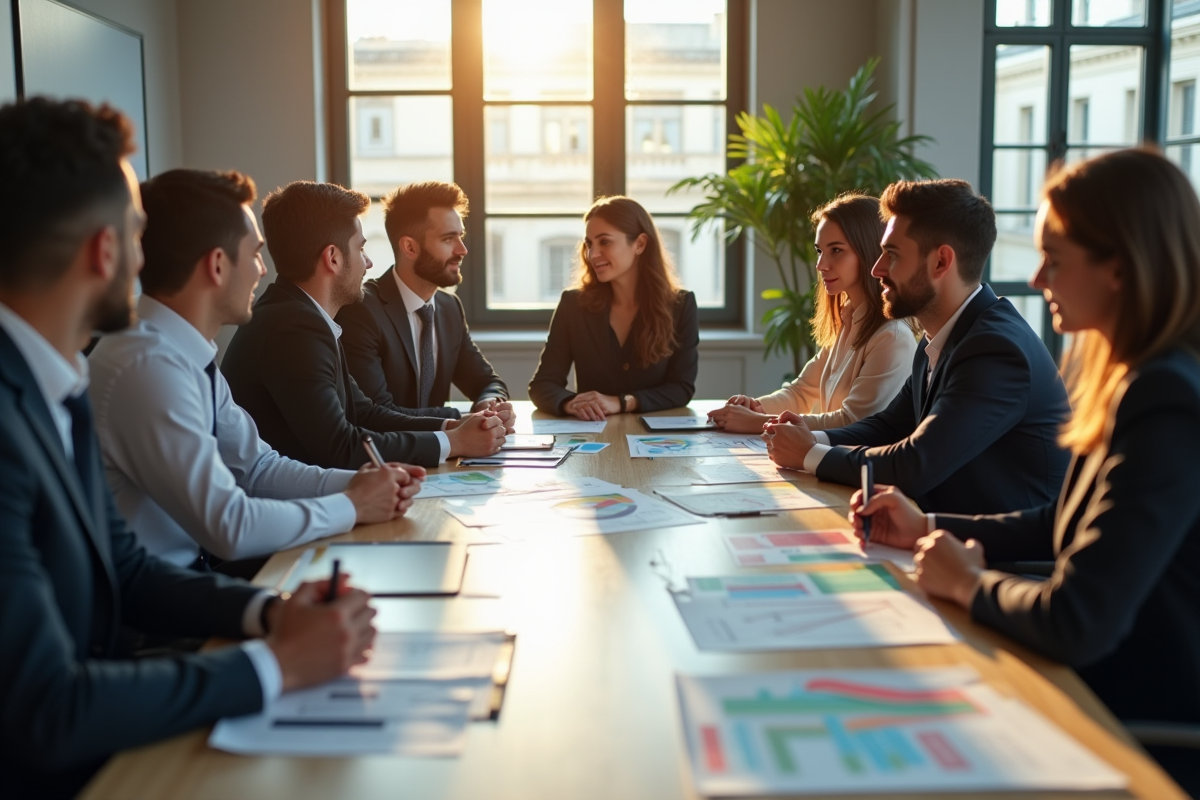 Groupe de jeunes professionnels autour d'une table avec diagrammes de carrière