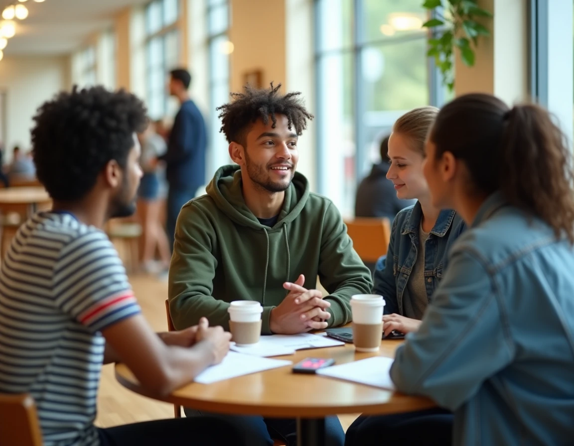 Groupe de jeunes adultes se préparant ensemble à un entretien d'admission dans un espace commun de centre communautaire