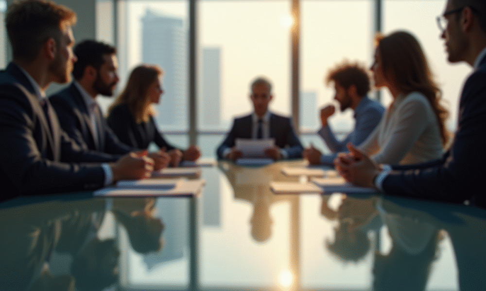 Groupe de professionnels en réunion dans un bureau lumineux