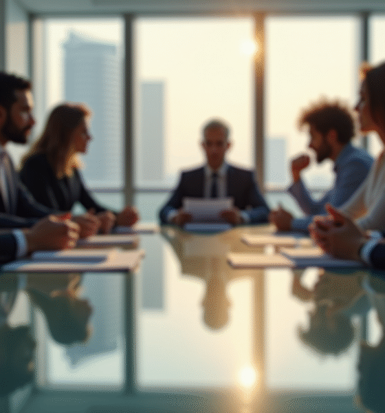 Groupe de professionnels en réunion dans un bureau lumineux