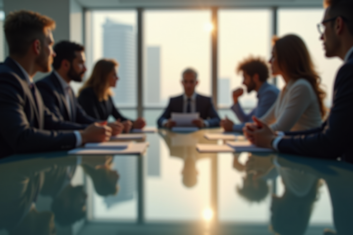 Groupe de professionnels en réunion dans un bureau lumineux