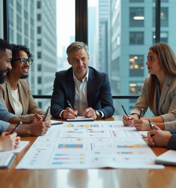 Groupe de professionnels en réunion autour d'une table moderne