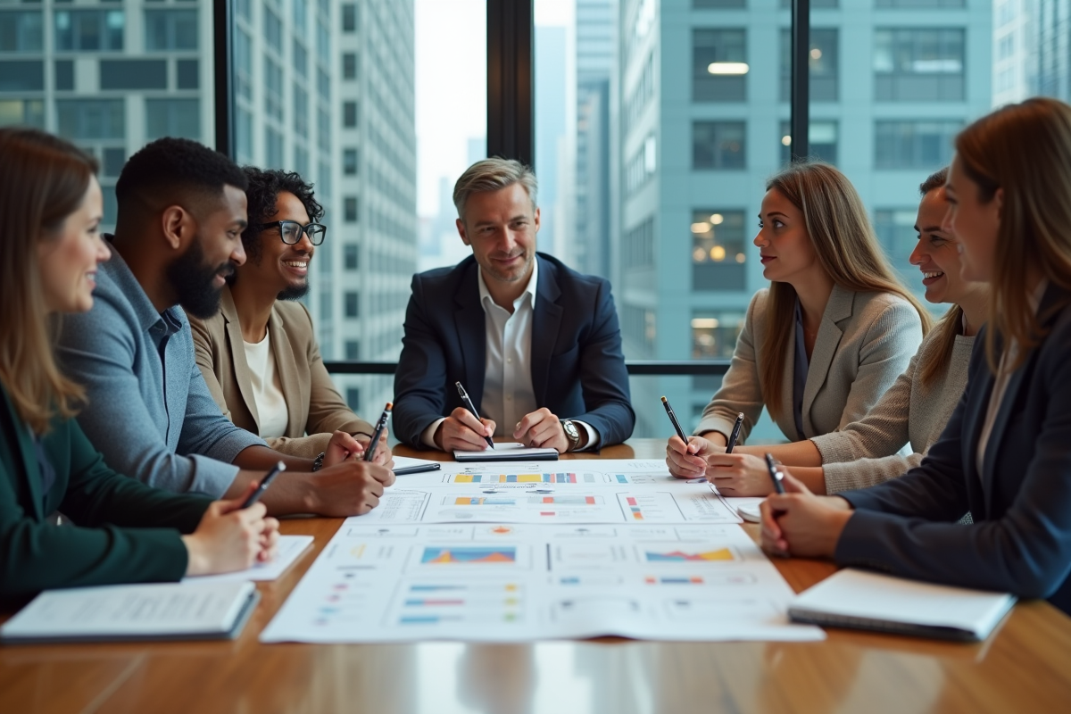 Groupe de professionnels en réunion autour d'une table moderne