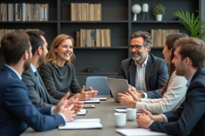 Groupe de professionnels en réunion de travail dynamique