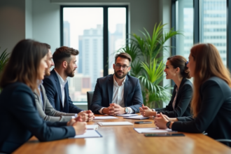 Groupe de professionnels en réunion dans un bureau moderne