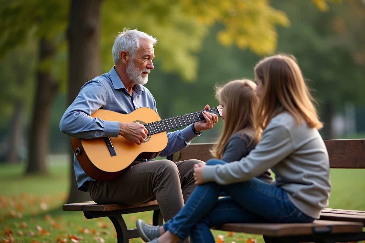 Homme avec guitare enseignant aux enfants en plein air