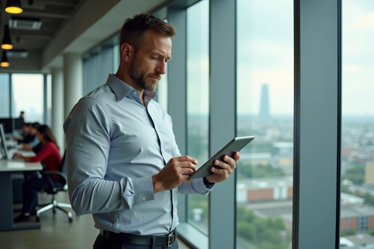 Homme d'affaires consultant un extranet ESG sur tablette devant une fenêtre panoramique d'un bureau en hauteur