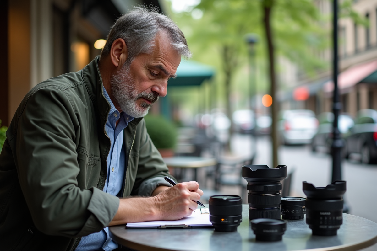 Homme au café examinant des objectifs photo en extérieur