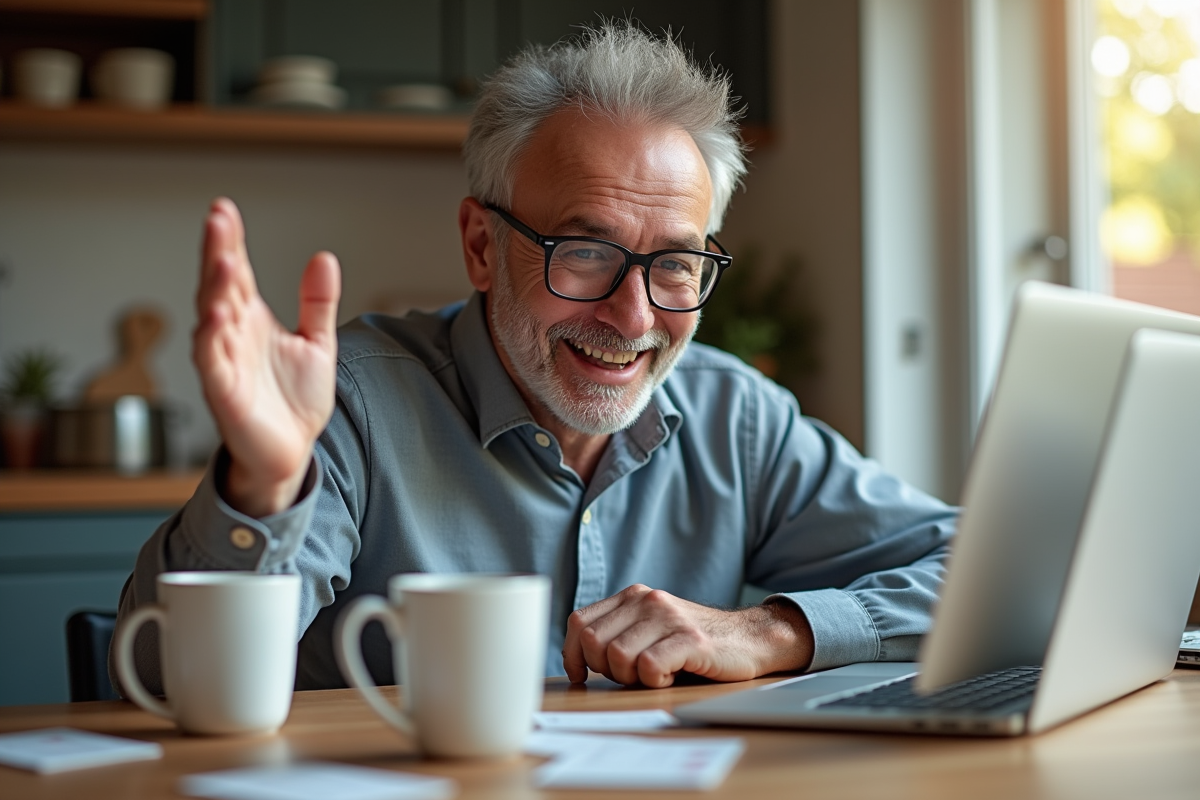 Homme discutant en vidéo avec un partenaire linguistique à la maison