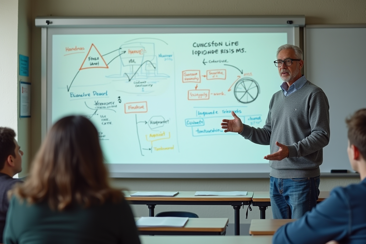Homme en classe expliquant devant un tableau blanc coloré