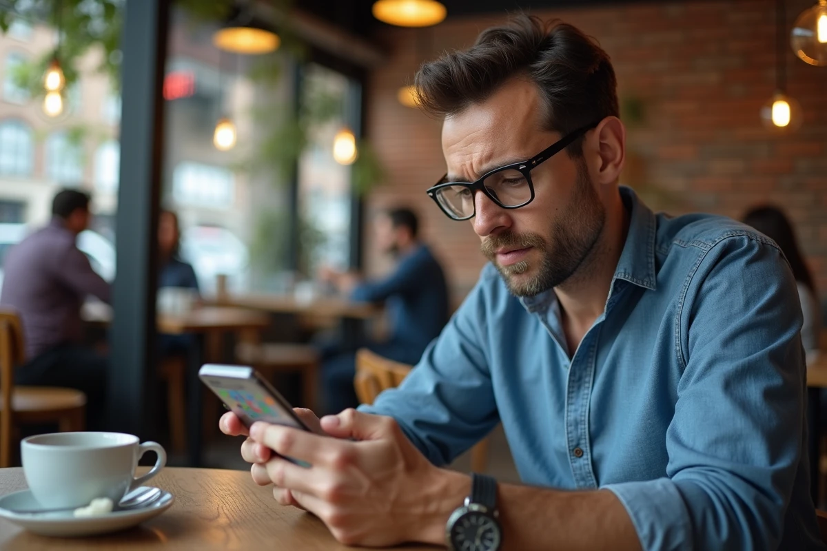 Homme avec lunettes évaluant un test de QI gratuit sur smartphone dans un café, expression critique et analytique