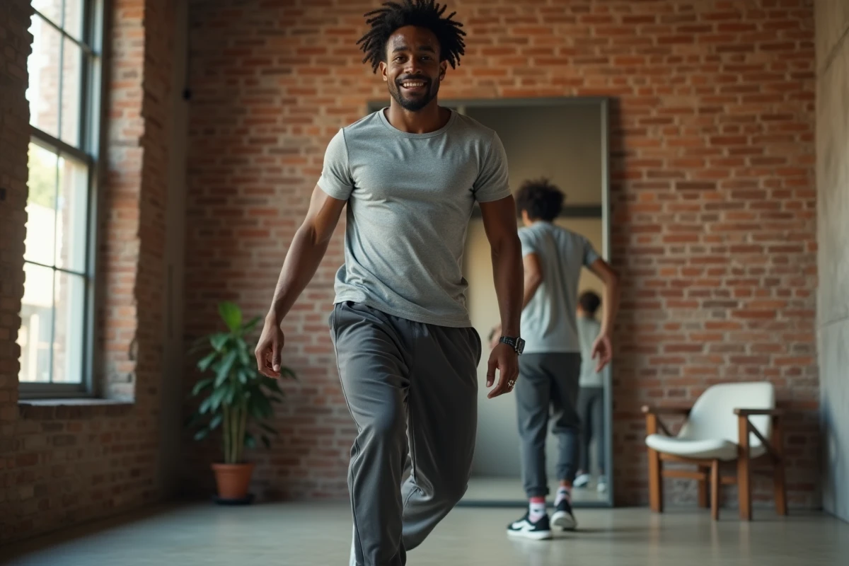 Homme en train de danser le Kuduro dans un appartement urbain pour s'entraîner chez soi