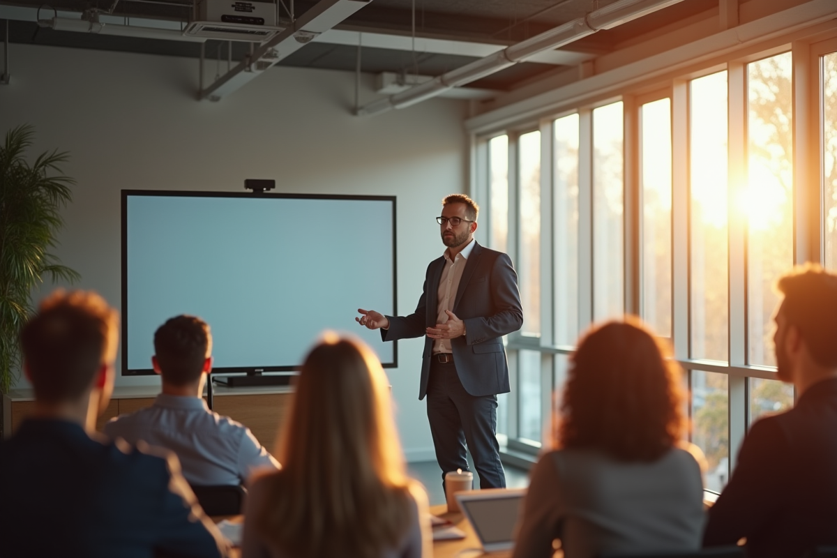 Homme leader donnant une presentation inspirante dans un espace ouvert lumineux