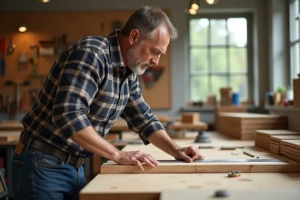 Homme d'âge moyen mesure une planche en bois dans un atelier