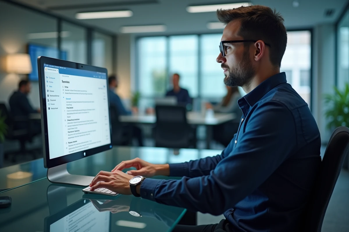 Homme modifiant son adresse email sur son espace personnel en ligne au bureau
