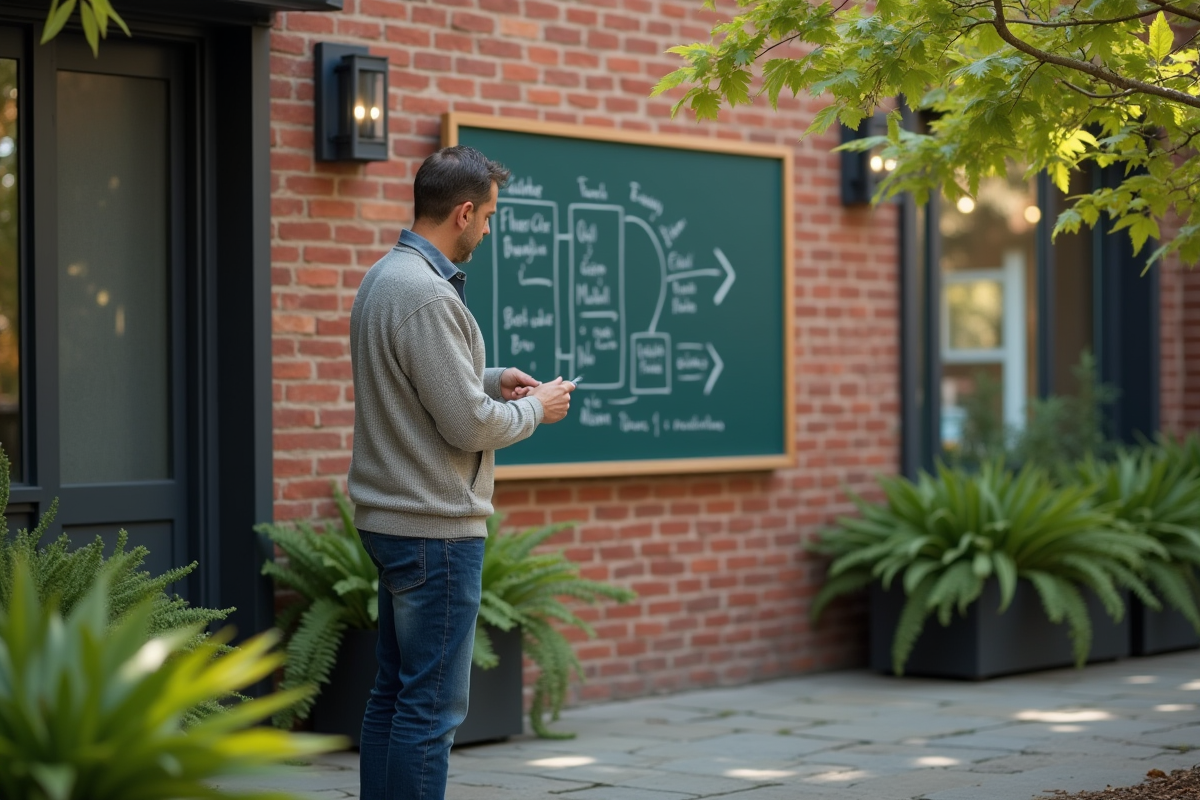 Homme dehors devant un tableau noir avec des objectifs