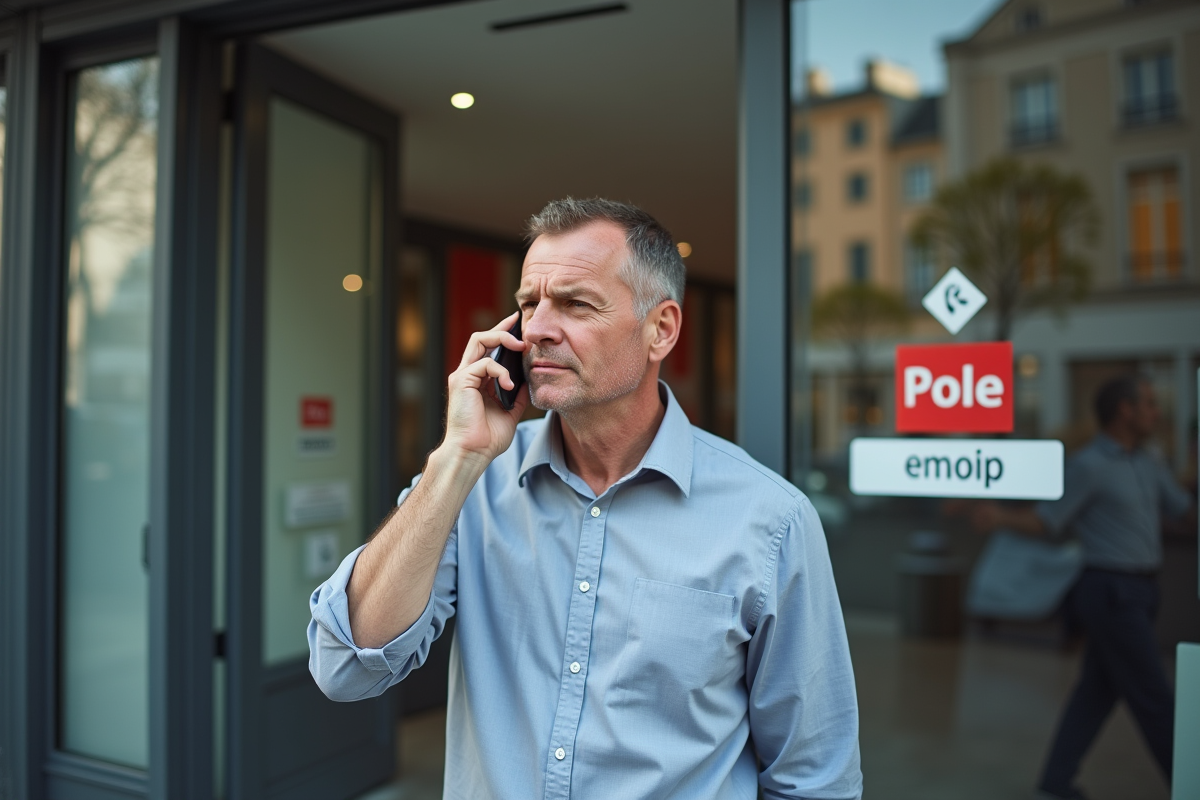 Homme parlant au téléphone devant une agence Pôle emploi