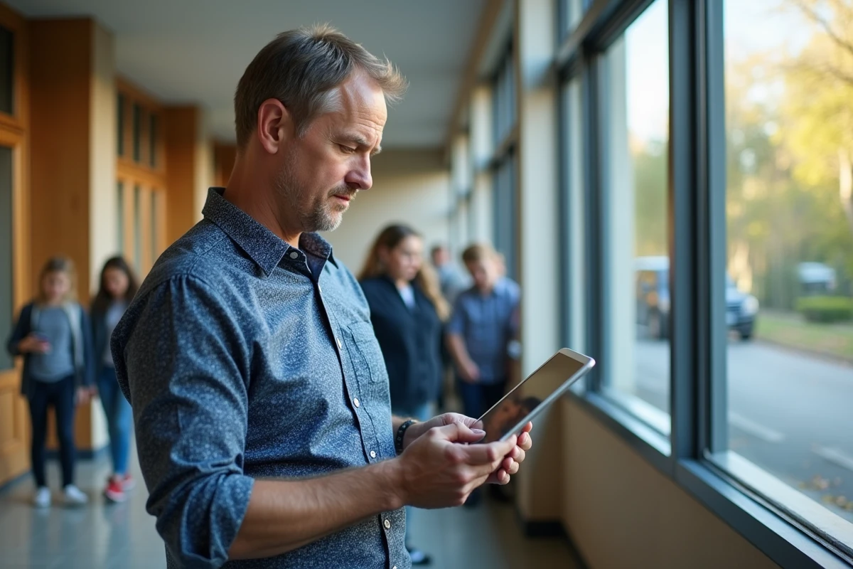 Homme d age moyen dans un couloir scolaire avec tablette