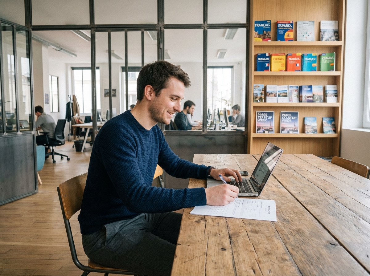 Homme travaillant dans espace de coworking parisien